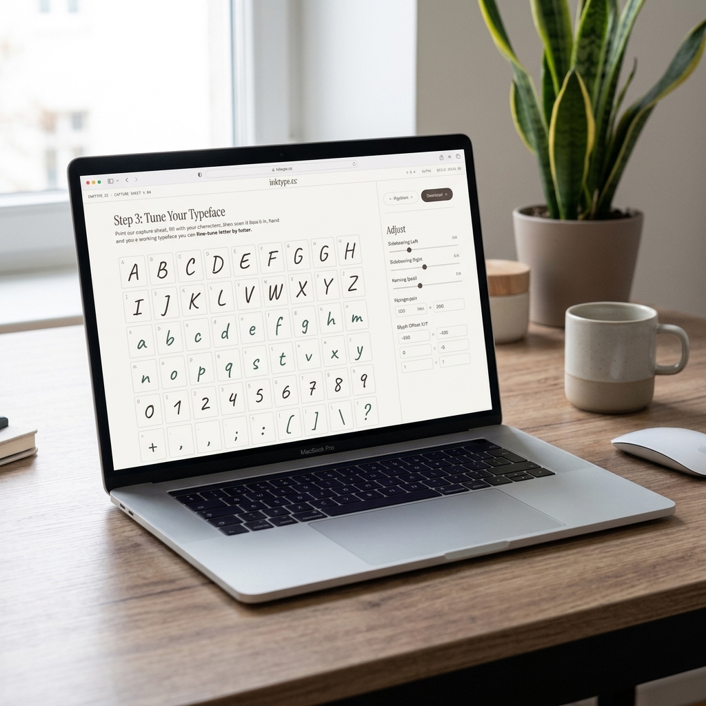 A laptop open on a table displaying the inktype.cc glyph editor view, with a grid of handwritten letters and sidebar sliders